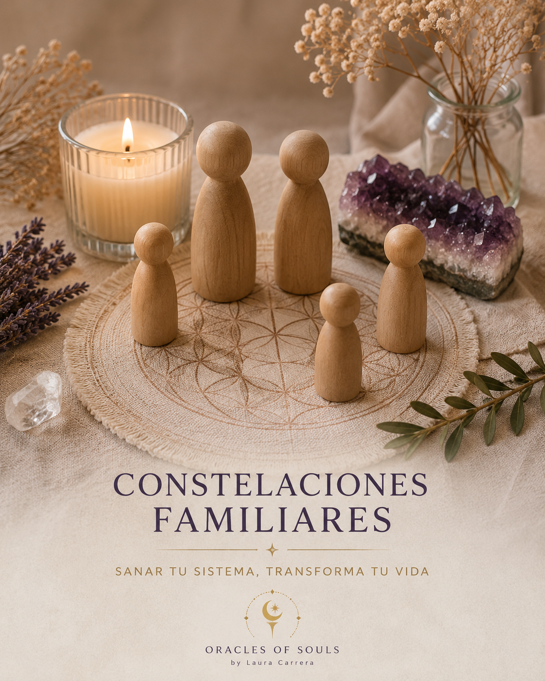 Una mesa con velas, figuras de madera, cristales, lavanda seca y plantas, en un entorno con colores cálidos y un tono místico, relacionadas con constelaciones familiares y sanación espiritual.