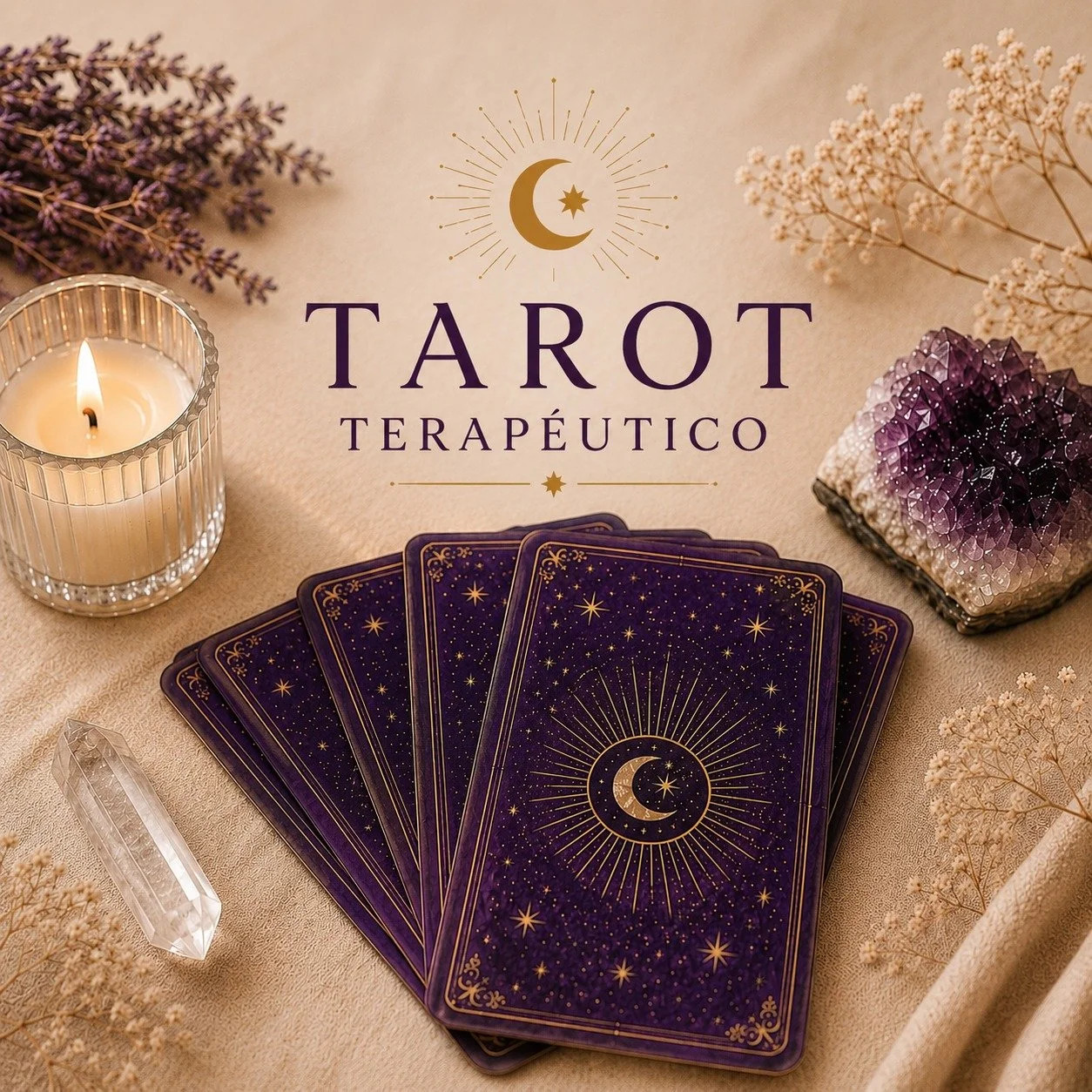 Cartas de tarot con fondo estrellado y lunar, una vela encendida, cristales y flores secas en un ambiente relajante para terapia.