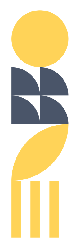 Abstract logo with yellow circle and leaf, blue shape, and yellow lines