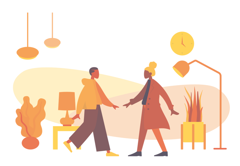 Two people shaking hands in a living room with a lamp, plants, and a window in the background.