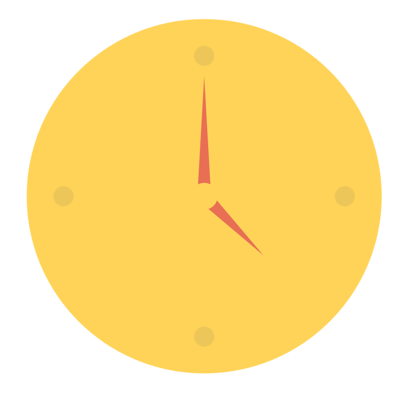 Yellow clock showing 3:00 with simple round design and minimal markers for 12, 3, 6, and 9.