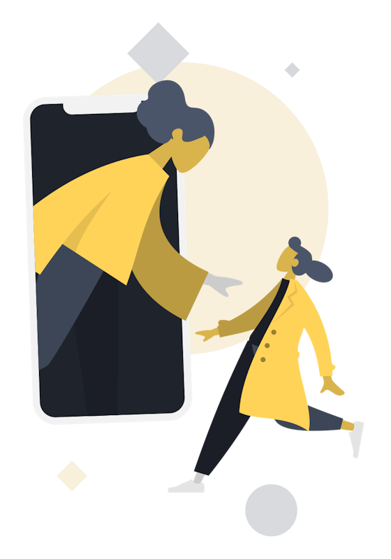 Illustration of a woman emerging from a smartphone screen, reaching out to a little girl holding a tablet, both wearing yellow coats.