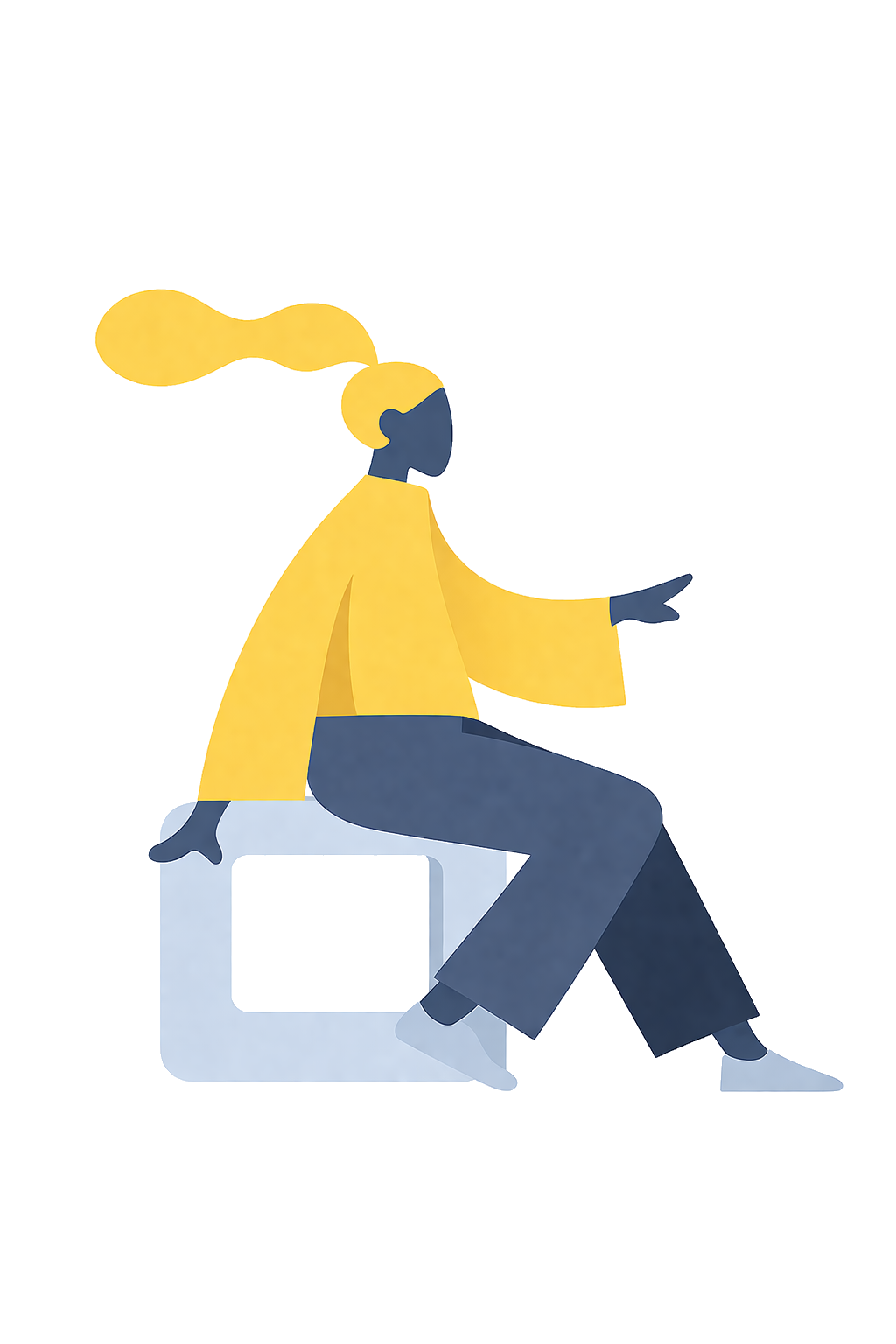 Illustration of a person with blonde hair sitting on a light blue box, wearing a yellow coat and dark pants, using a large touchscreen display with multiple horizontal lines and colors.