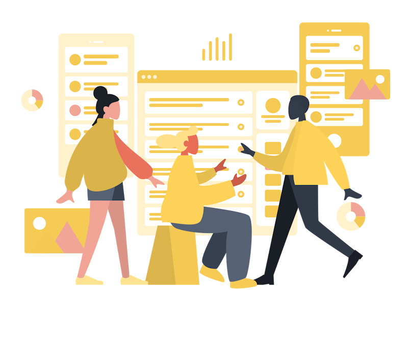 Illustration of three people interacting with digital devices and chat screens on a computer or tablet, with various text and icons.