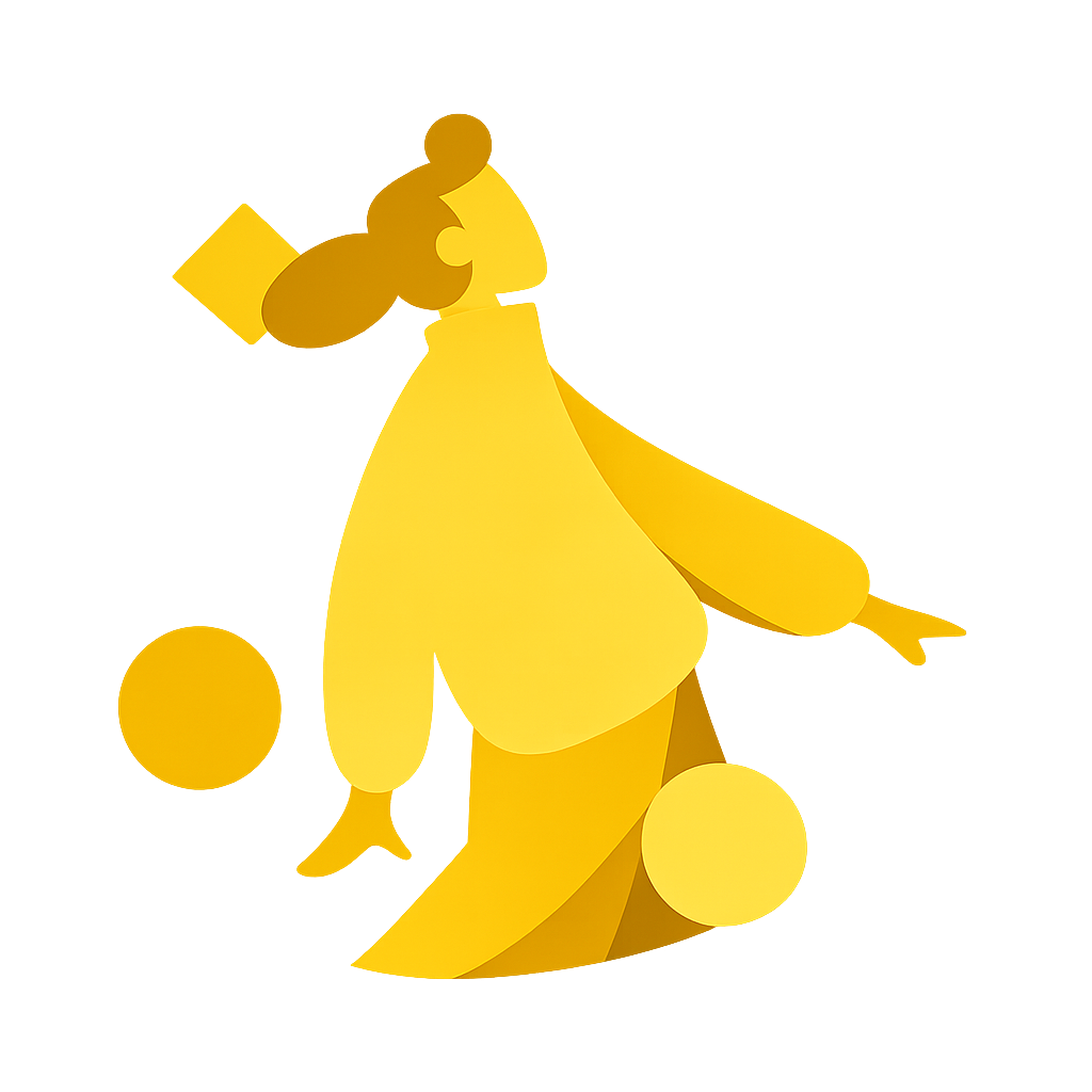 Abstract yellow geometric shapes resembling a stylized human figure, with a large circular head, elongated body, and multiple circular elements surrounding it.