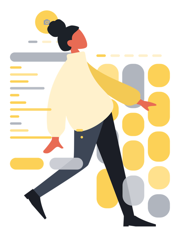 A stylized illustration of a woman walking with various abstract shapes and lines in the background.