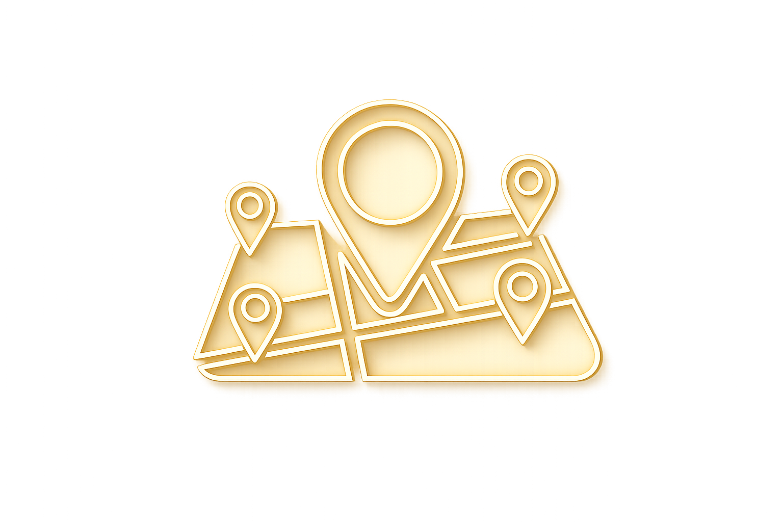 Neon sign of a map with multiple location pins and a large central pin, set against a gold background.