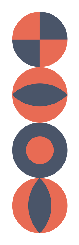 A vertical sequence of five abstract geometric shapes in orange and dark gray colors.