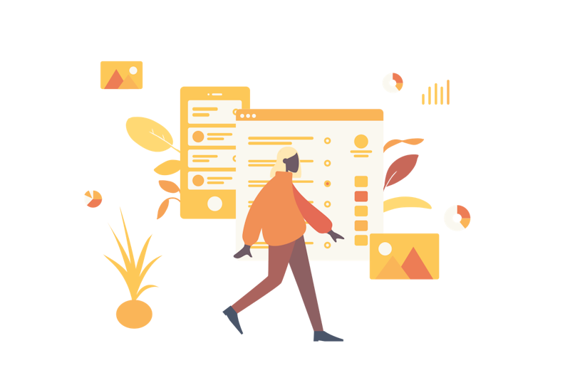 A digital illustration of a person interacting with floating computer screens and windows, featuring charts and text, in a modern tech-themed style.