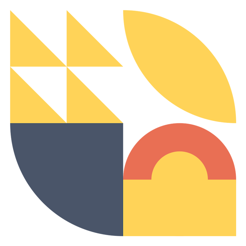 Abstract geometric design with various shapes and colors, including yellow triangles, a large yellow leaf-like shape, a dark blue quarter circle, and a semi-circle with shades of orange and yellow on a black background.