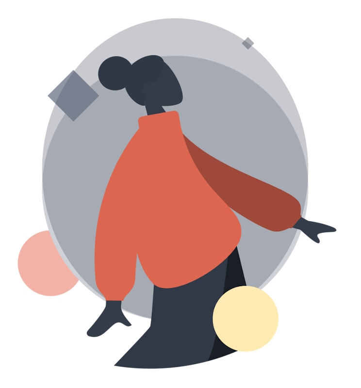 Stylized illustration of a person with dark hair in a bun, wearing a red-orange sweater and dark pants, carrying a yellow bag, viewed from the back, within a circular frame.