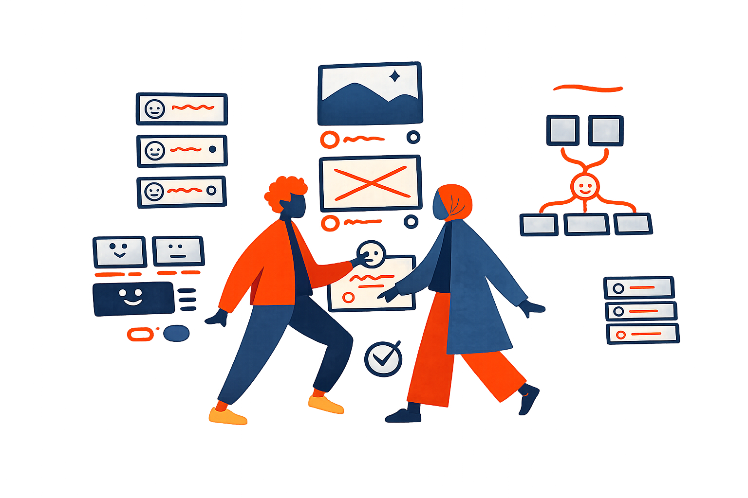 Two women are engaged in a discussion about a project on a digital interface, with various icons and diagrams around them, including a mountain and a star graphic, overlapping screens, check marks, and social media reactions.