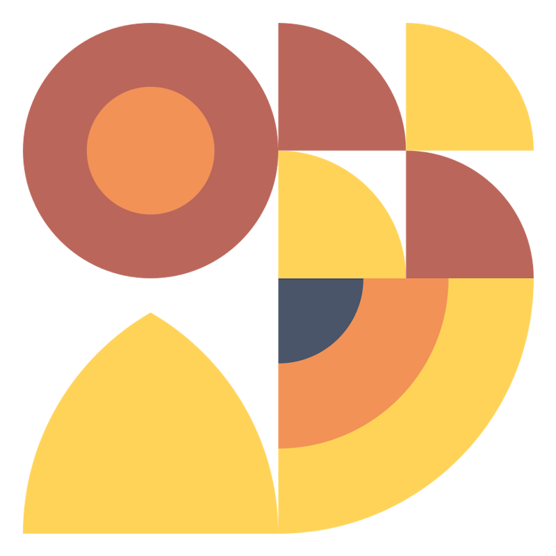 Abstract geometric design with various colored segments including yellow, orange, brown, and dark blue.