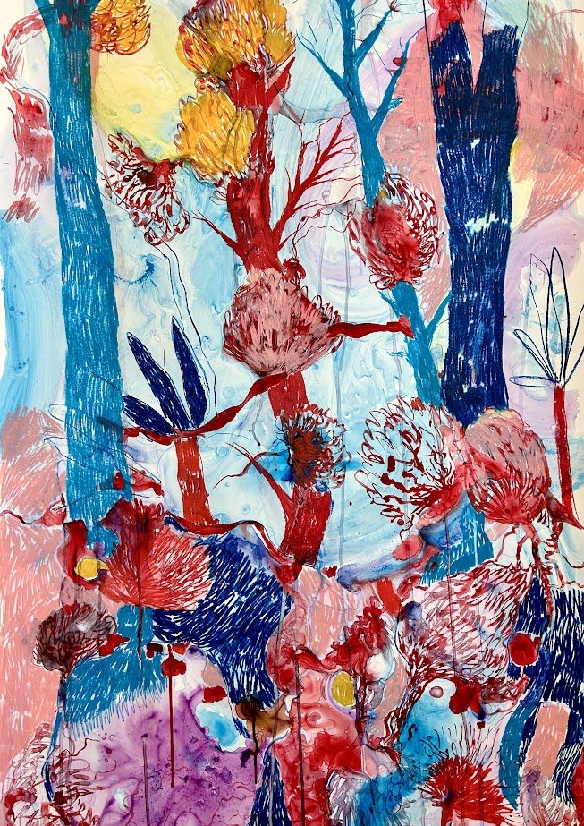 Magnificent Understories IIl, mixed media on yupo paper, 30”x70”, 2025, $2000