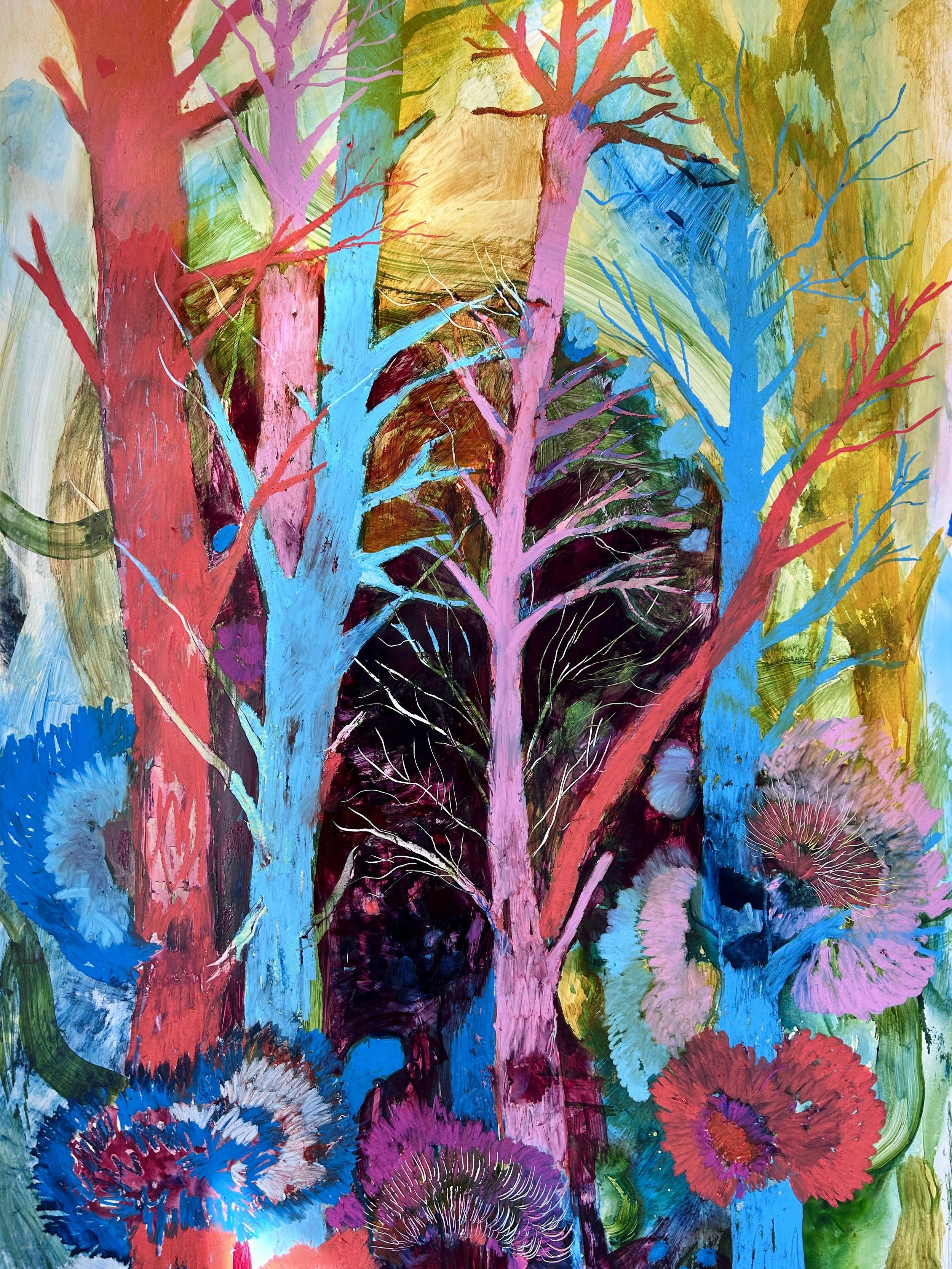 Magnificent Understories lV, mixed media on yupo paper, 30”x70”, 2025, $2000