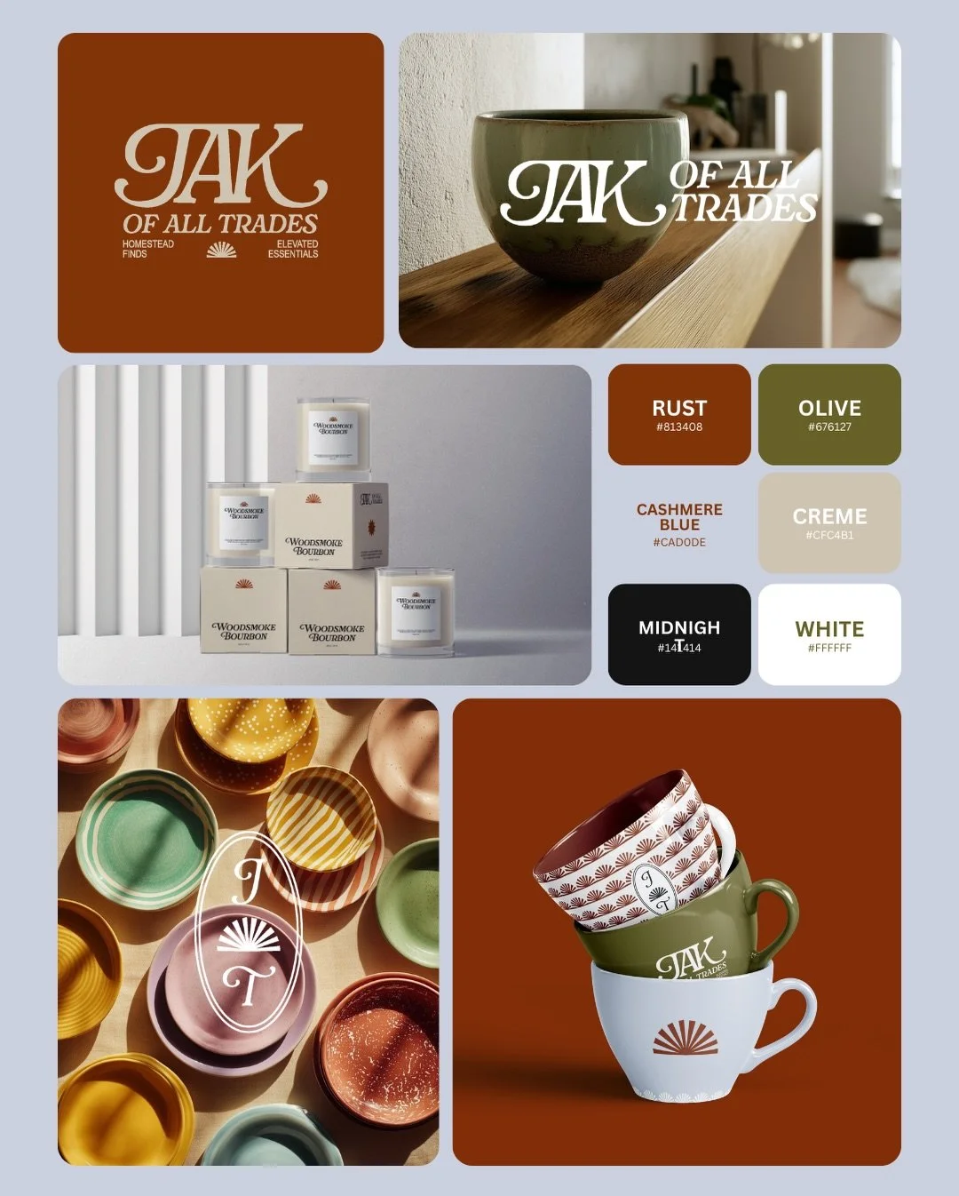 JAK of All Trades is a curated home goods brand identity we designed to merge timeless serif typography, organic warmth, and refined color strategy.

Rust, olive, and cashmere tones paired with an elegant serif logotype communicate craftsmanship, tru