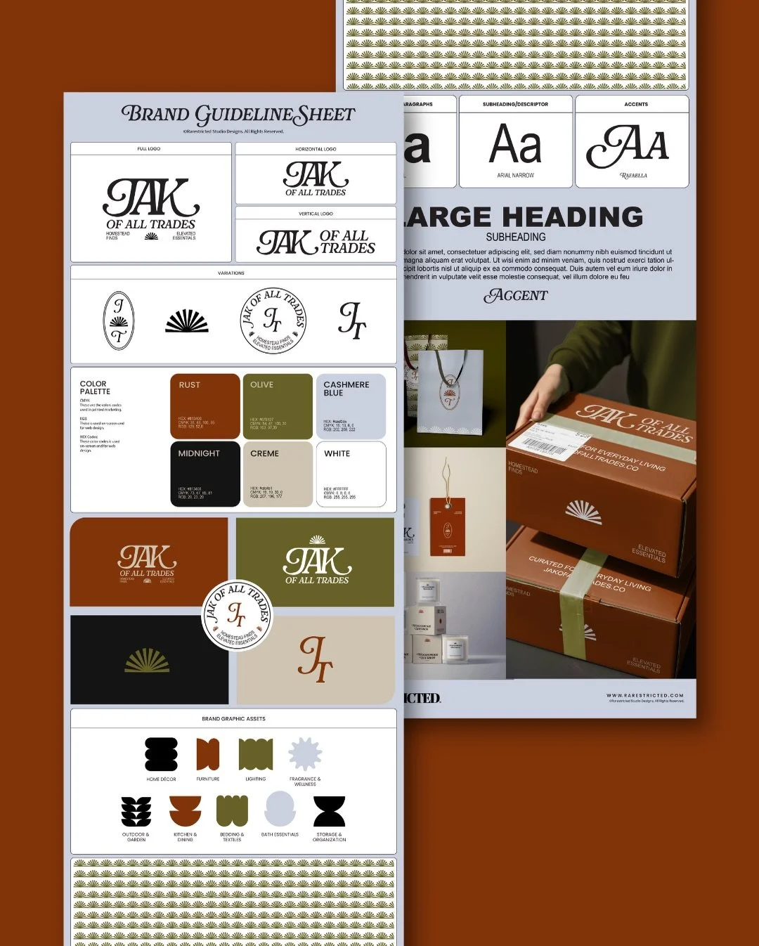 Timeless brands are built on systems, not trends.

The JAK of All Trades brand guidelines define typography hierarchy, sunburst icon symbolism, color palette psychology, and logo construction for a refined home essentials brand.

This is how strategi