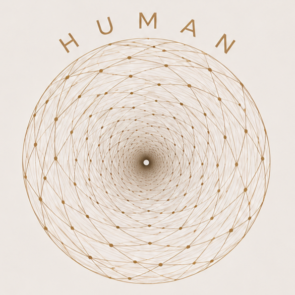A circular art piece with a radial pattern of interconnected lines and dots, with the word 'HUMAN' written above in capital letters.