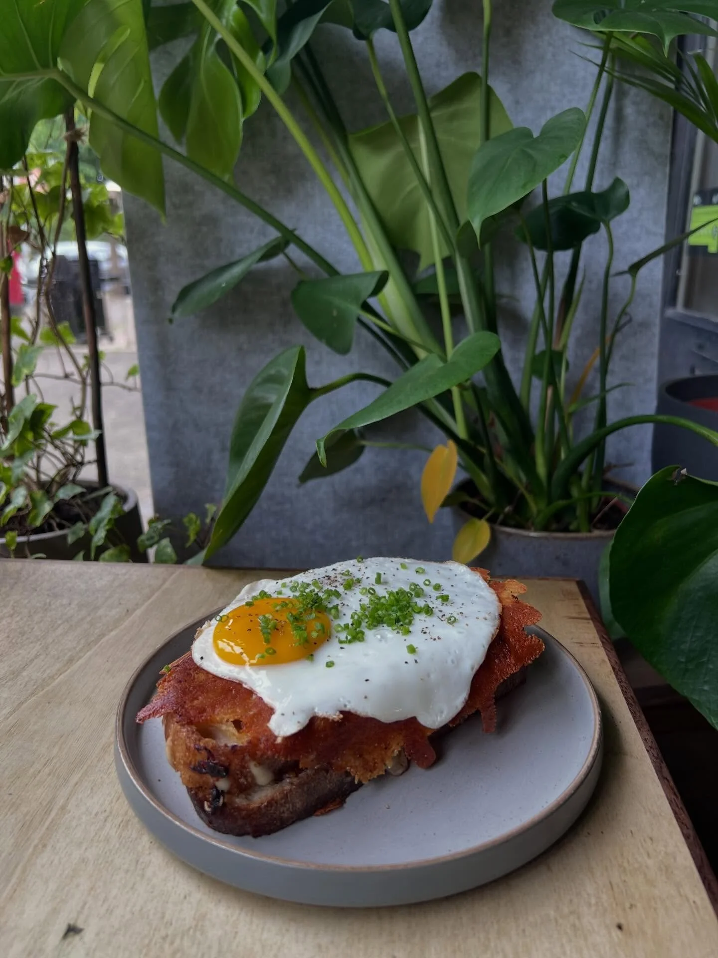 crispy croque madame 🧀 

basically a stunning crispy cheese &amp; bacon toastie, served on sourdough with a layer of crispy cheese &amp; a fried egg on top 🤤