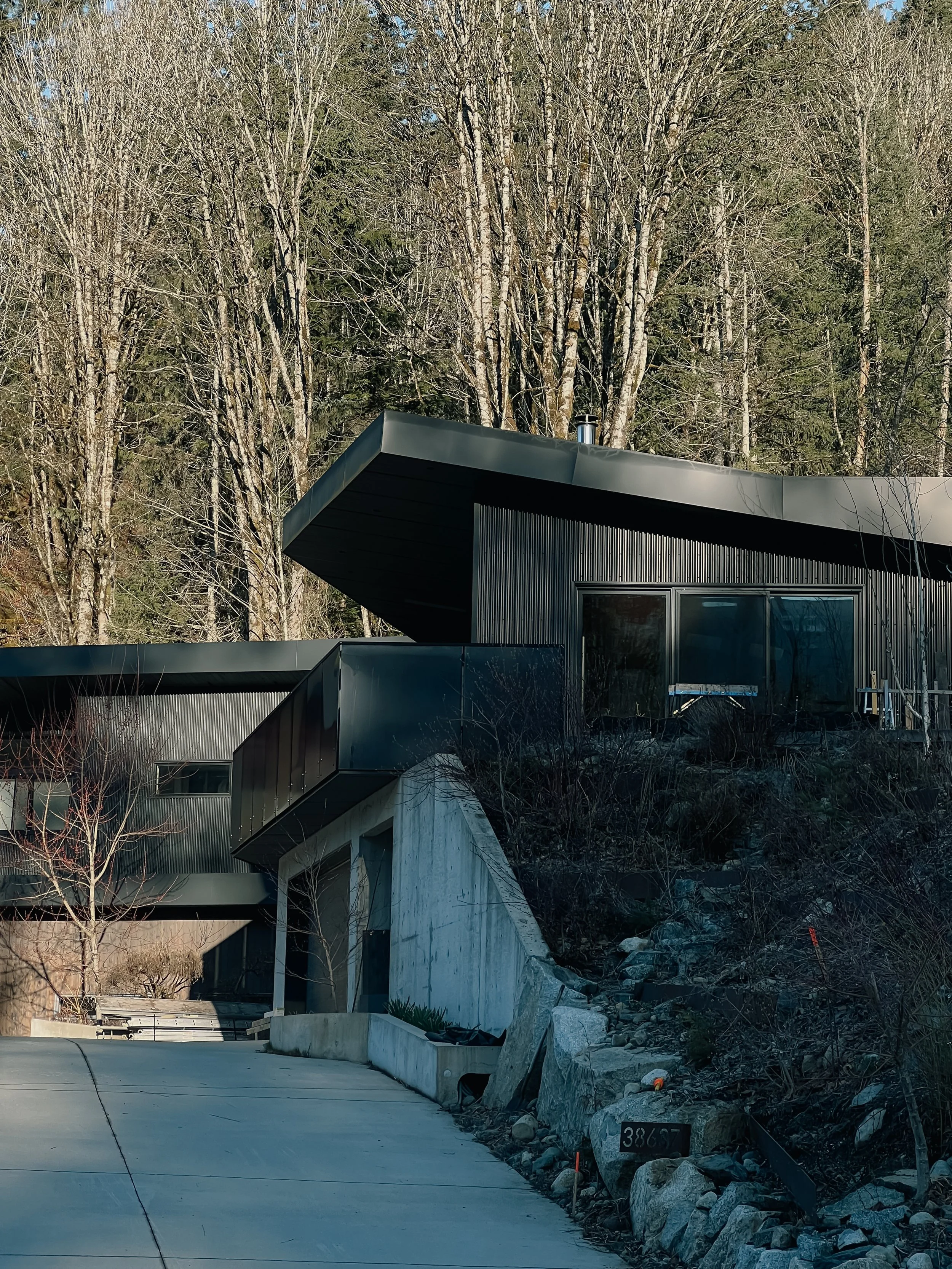Modern black house with angular roof lines, concrete and metal exterior, situated on a hillside with trees in the background.