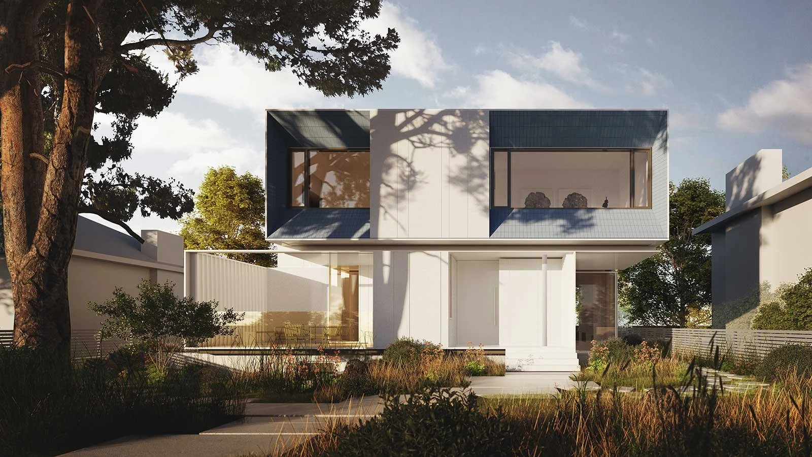 Modern two-story house with large windows and white exterior, surrounded by landscaped yard with trees and shrubs, under a partly cloudy sky.