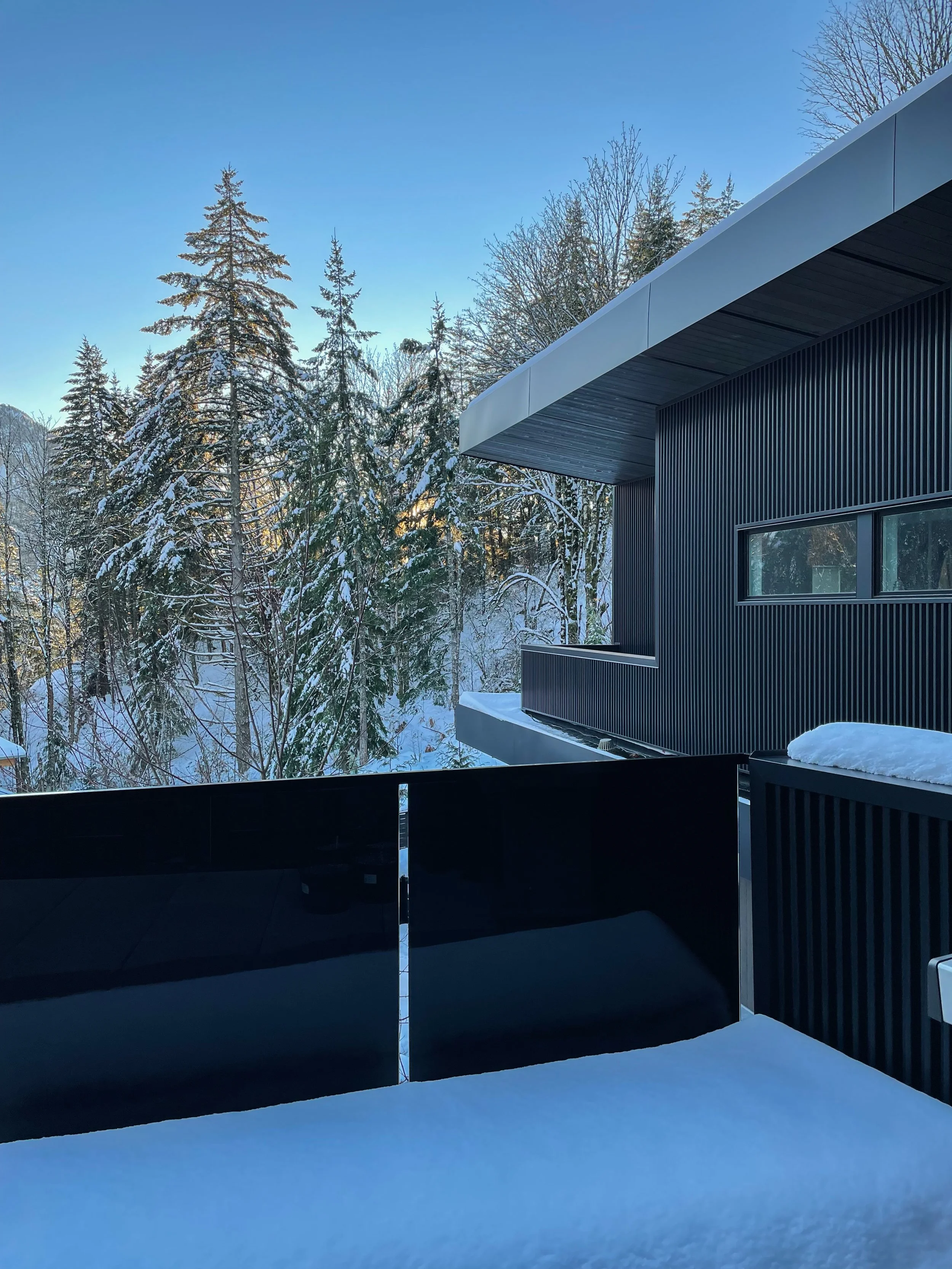 Snow-covered balcony of a modern black building with tall evergreen trees and a blue sky in the background.