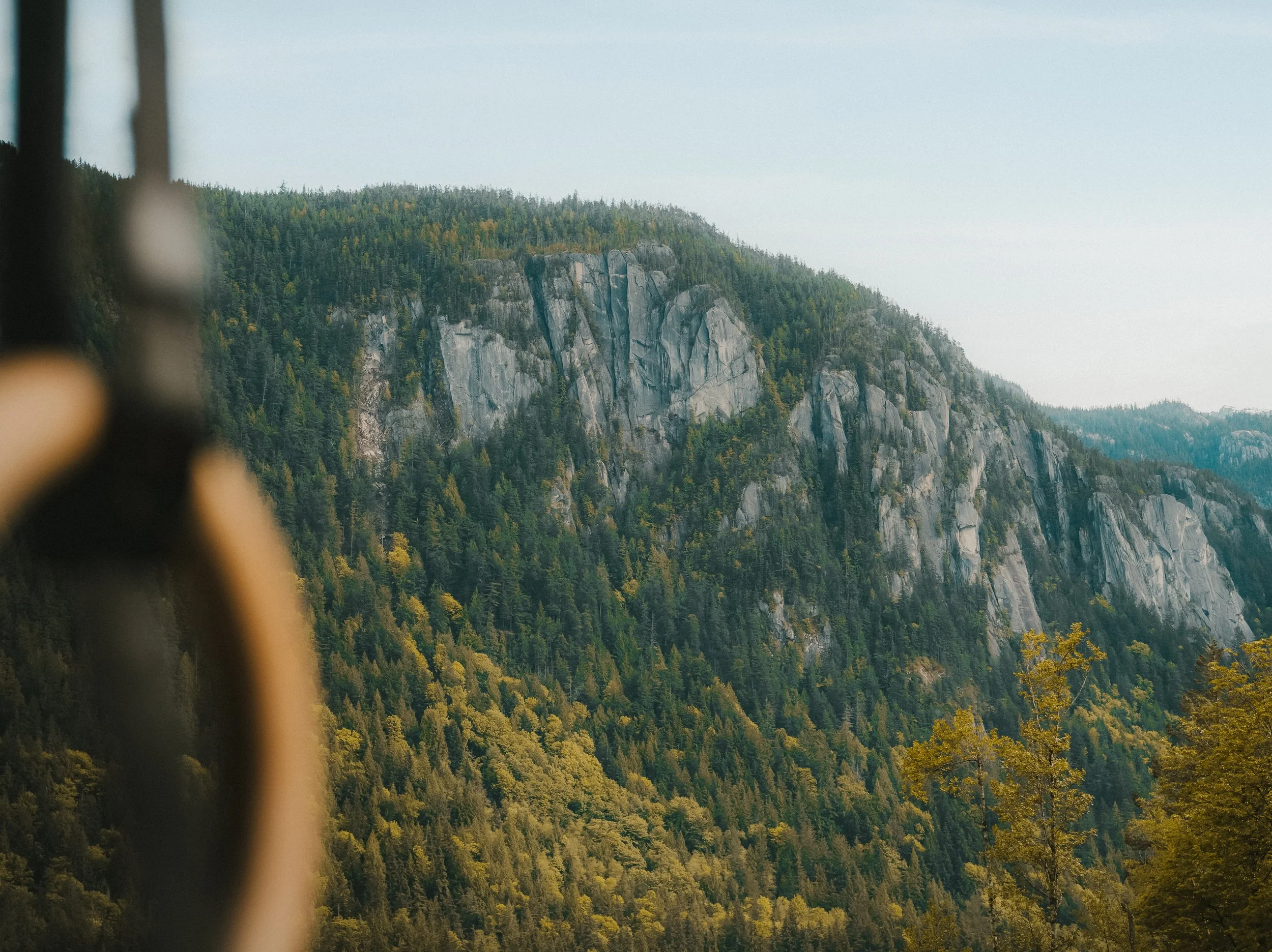 View of a forested mountain with rocky cliffs in the background, seen through a blurred object in the foreground.