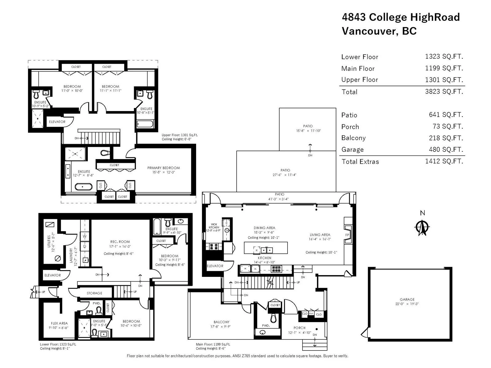 Floor plan of a multi-story house with bedrooms, bathrooms, kitchen, living areas, utility and storage rooms, porches, patios, balcony, garage, and elevators.