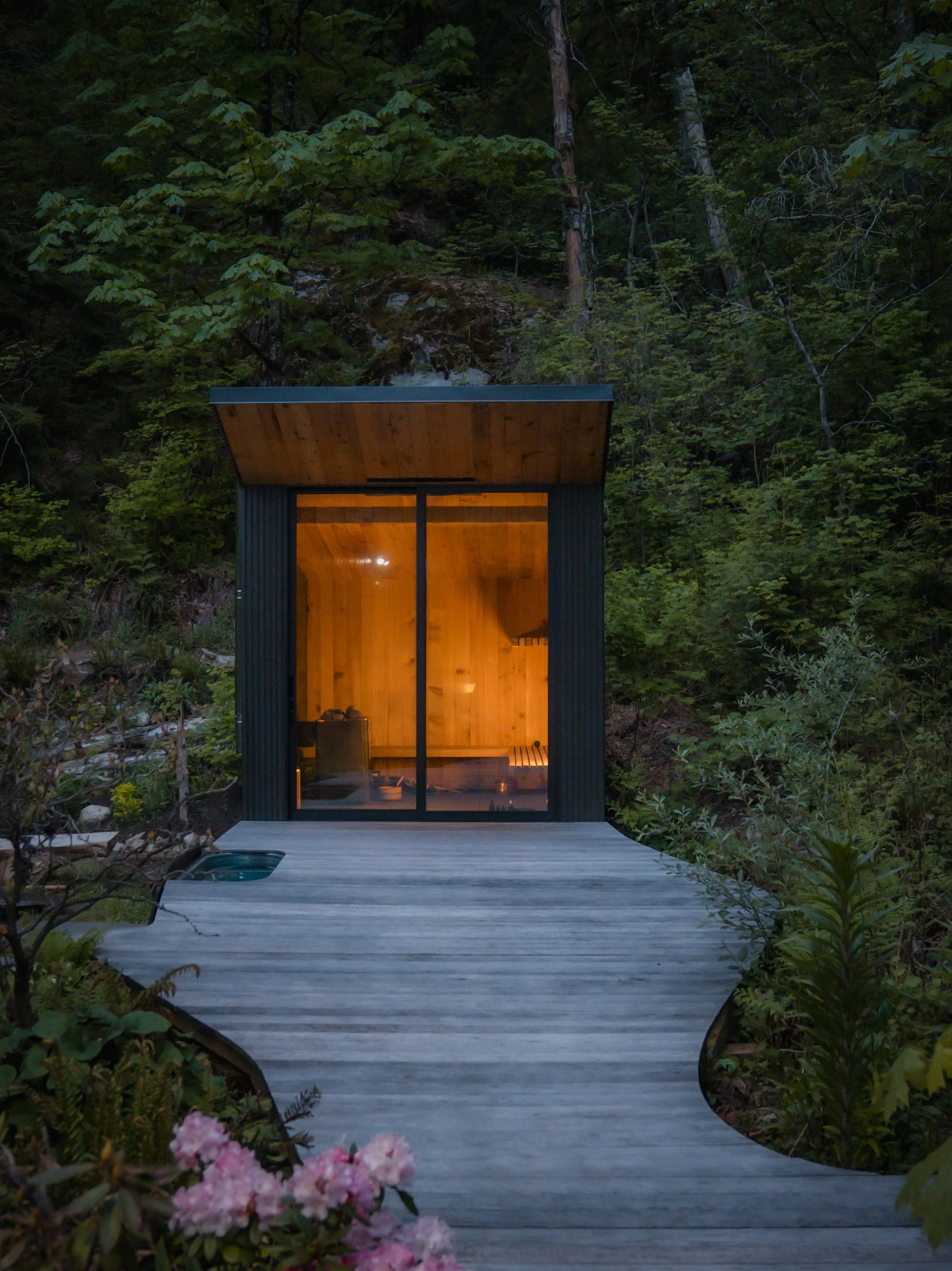 A small, modern wooden and glass sauna with warm interior lighting, situated on a curved wooden deck in a lush green forest.