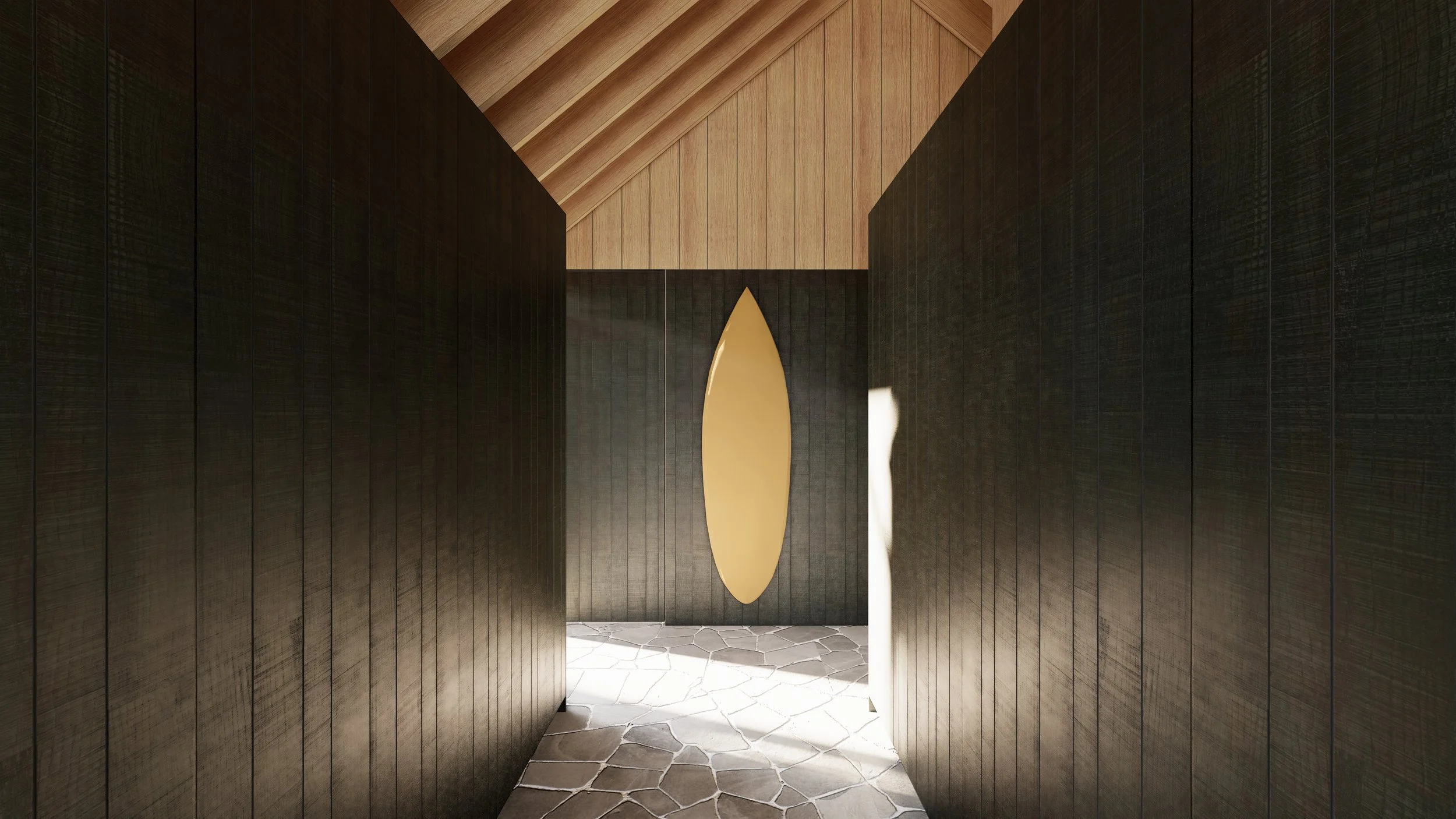 Interior hallway with dark wood-paneled walls, a pointed oval window in the back wall, stone floor, and wooden ceiling.