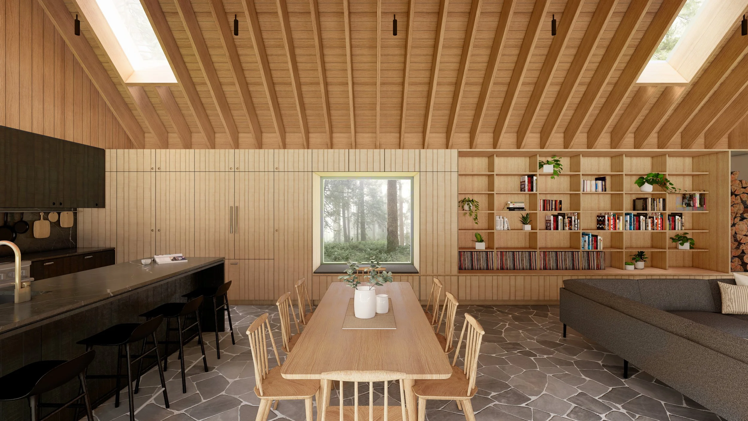 Modern living room with wooden walls and ceiling, large skylight windows, a dining table with chairs, a bookshelf filled with books and plants, a gray sofa, and stone tile flooring.
