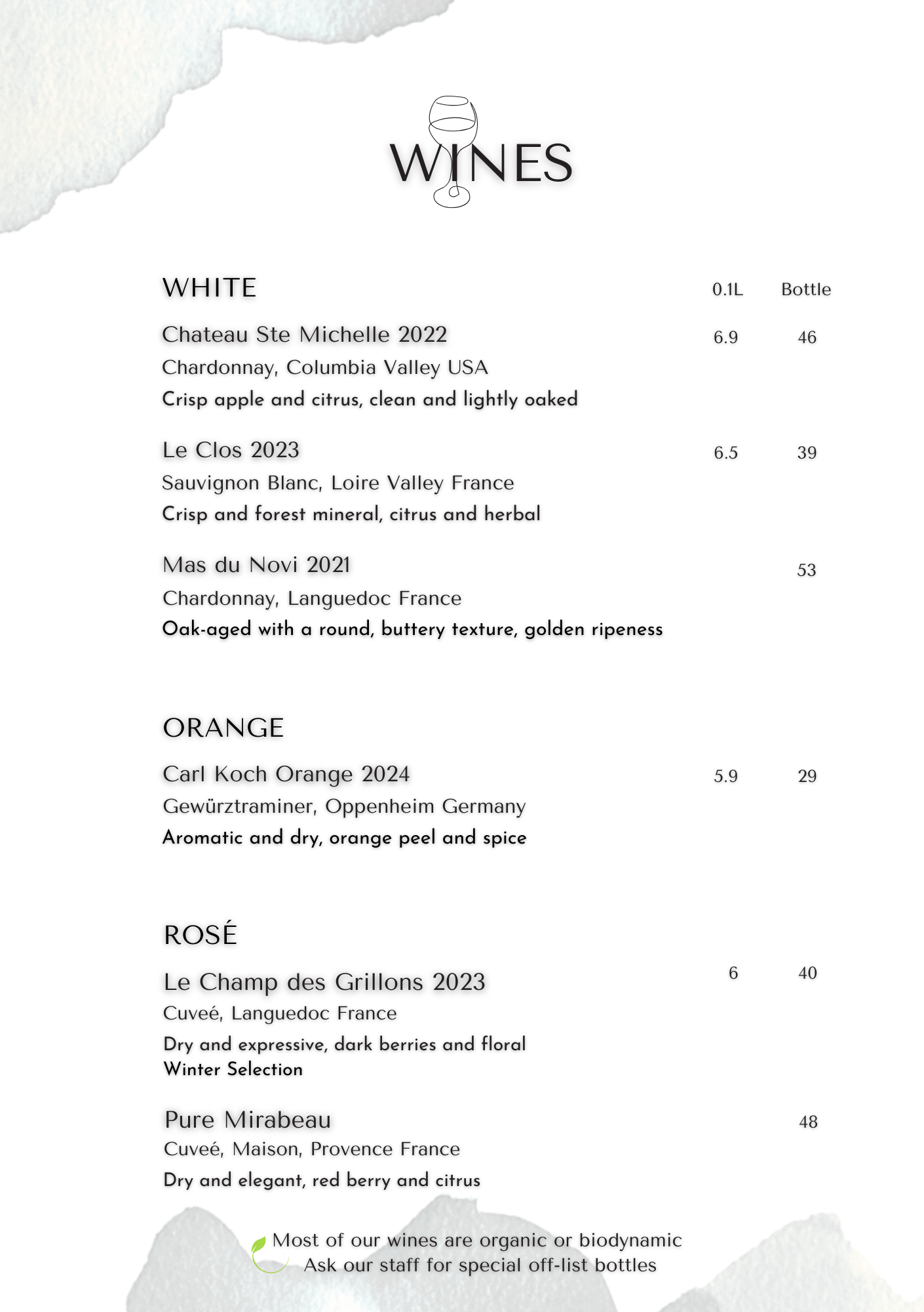 Weinekarte mit weißen, orange, rosé und Schaumweinen, inklusive Beschreibung und Preise.