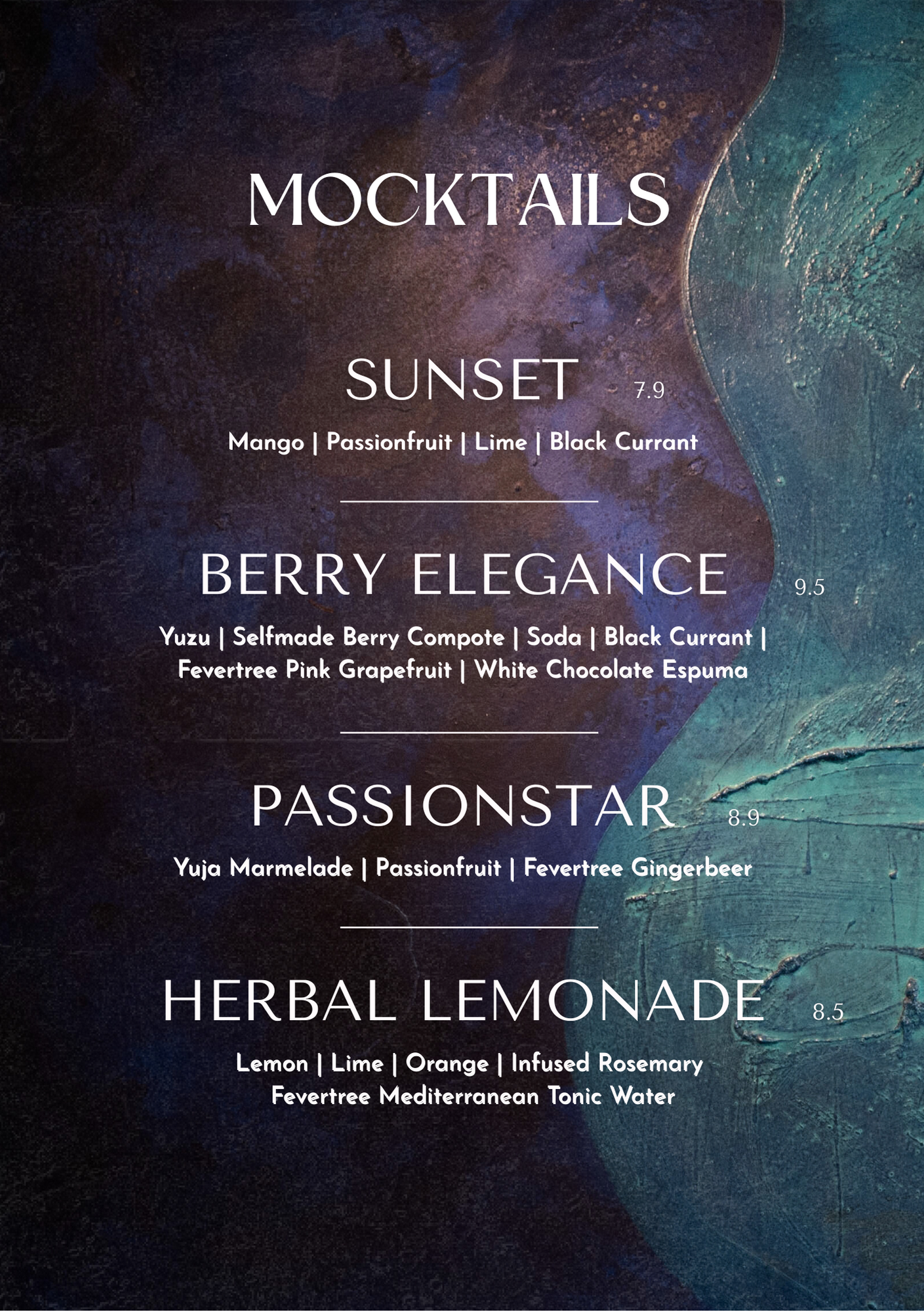 Speisekarte mit verschiedenen Mocktail-Getränken, die lauiten Sunset, Berry Elegance, Passionstar, sowie Herbal Lemonade und deren Zutaten