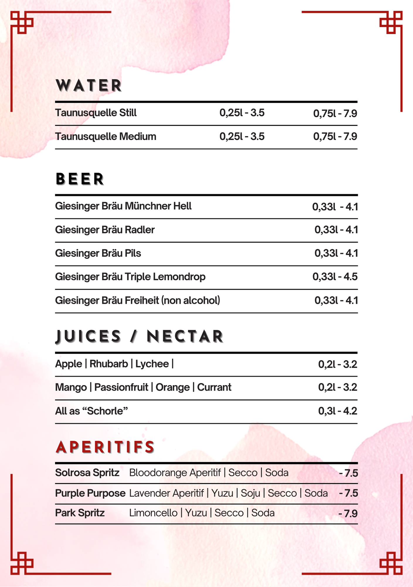 Getränkekarte mit Wasser, Bier, Säften und Aperitifs, auf weißem Hintergrund mit rotem koreanischem Design in den Ecken.
