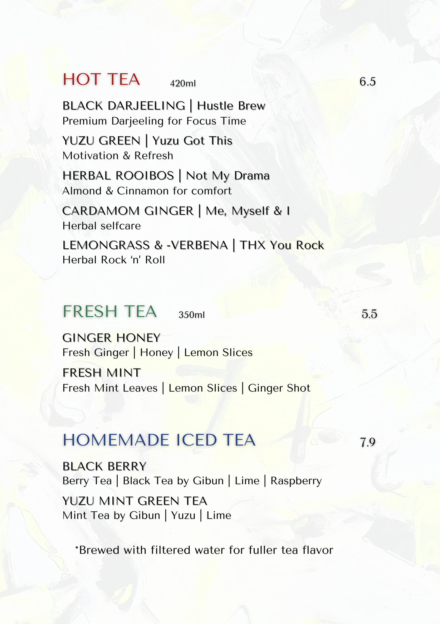 Teemenü mit Kategorien für heißen, kalten und hausgemachten Eistee, inklusive Getränkearten, Zutaten und Preisen