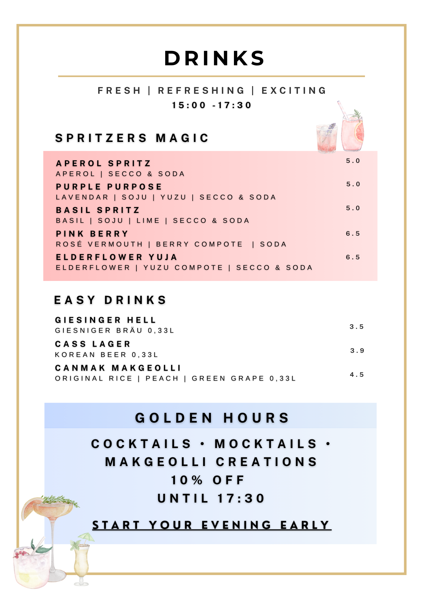 Ein Speiseplan mit verschiedenen Getränken, einschließlich Spritzern und Easy Drinks, sowie einem Hinweis auf Happy Hour und Specials. Das Design ist in Pastellfarben mit Illustrationen von Getränken und Früchten.