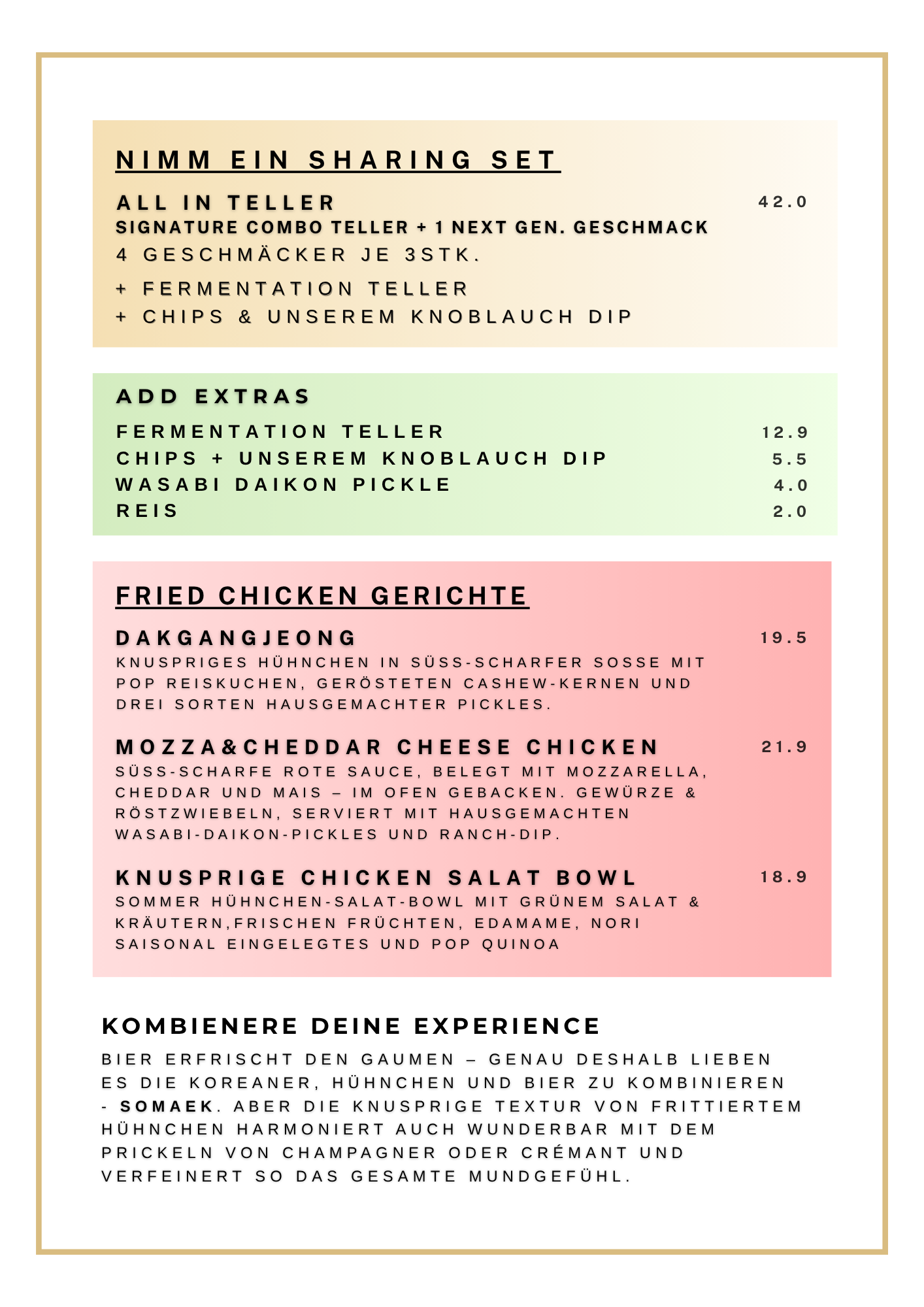 Menü mit verschiedenen Gerichten in Deutsch, Farbcodiert. Enthält Abschnitte für Sharing-Set, Extras, gebratenes Hühnchen, Hühnchen-Salat-Bowl und Kombiniere deine Erfahrung.