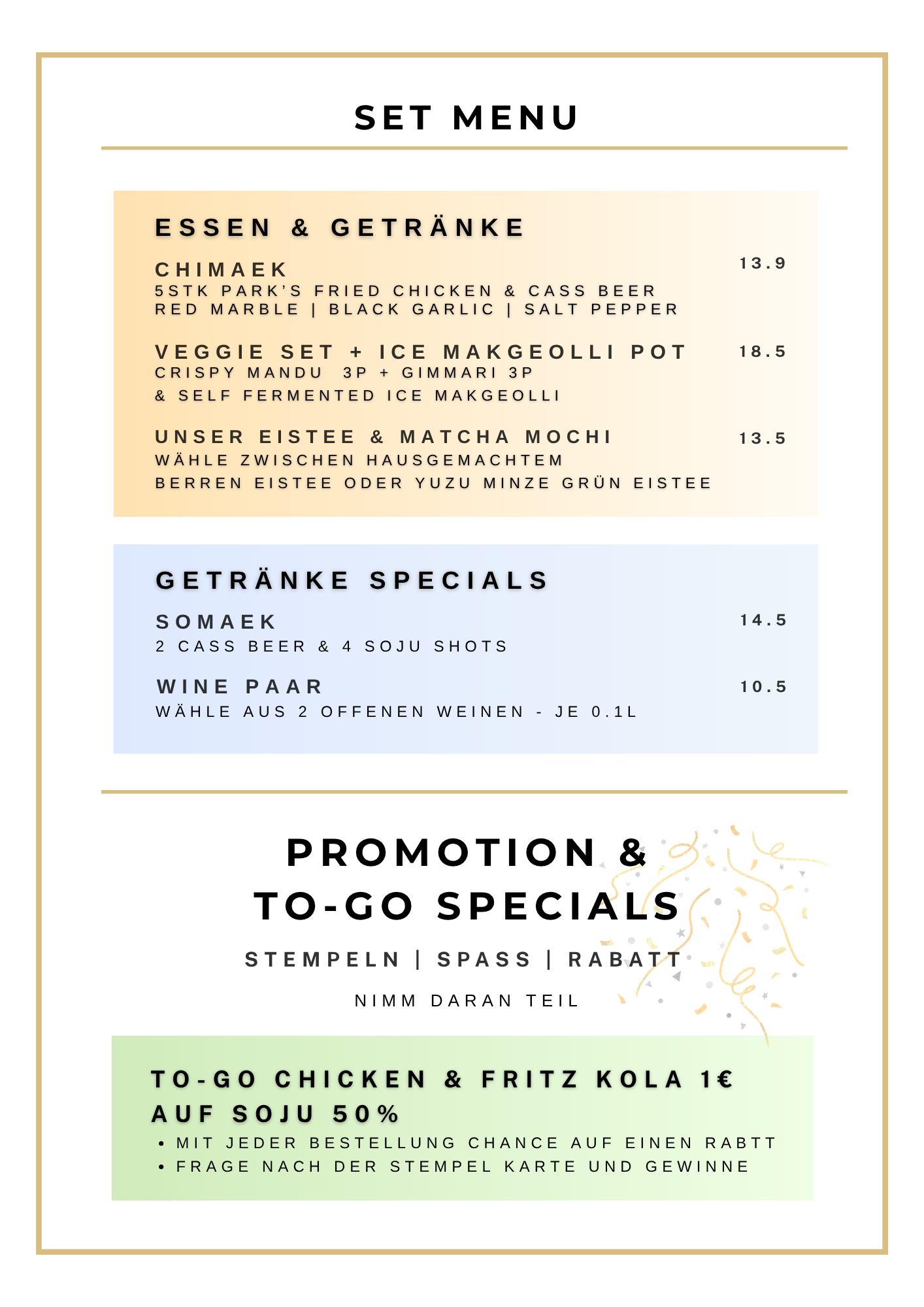 Speisekarte mit Angeboten für Set-Menüs und To-Go-Specials, inklusive Gerichte wie Fried Chicken, Veggie-Set, Eistee, Wein, und Chicken mit Fritz Cola.