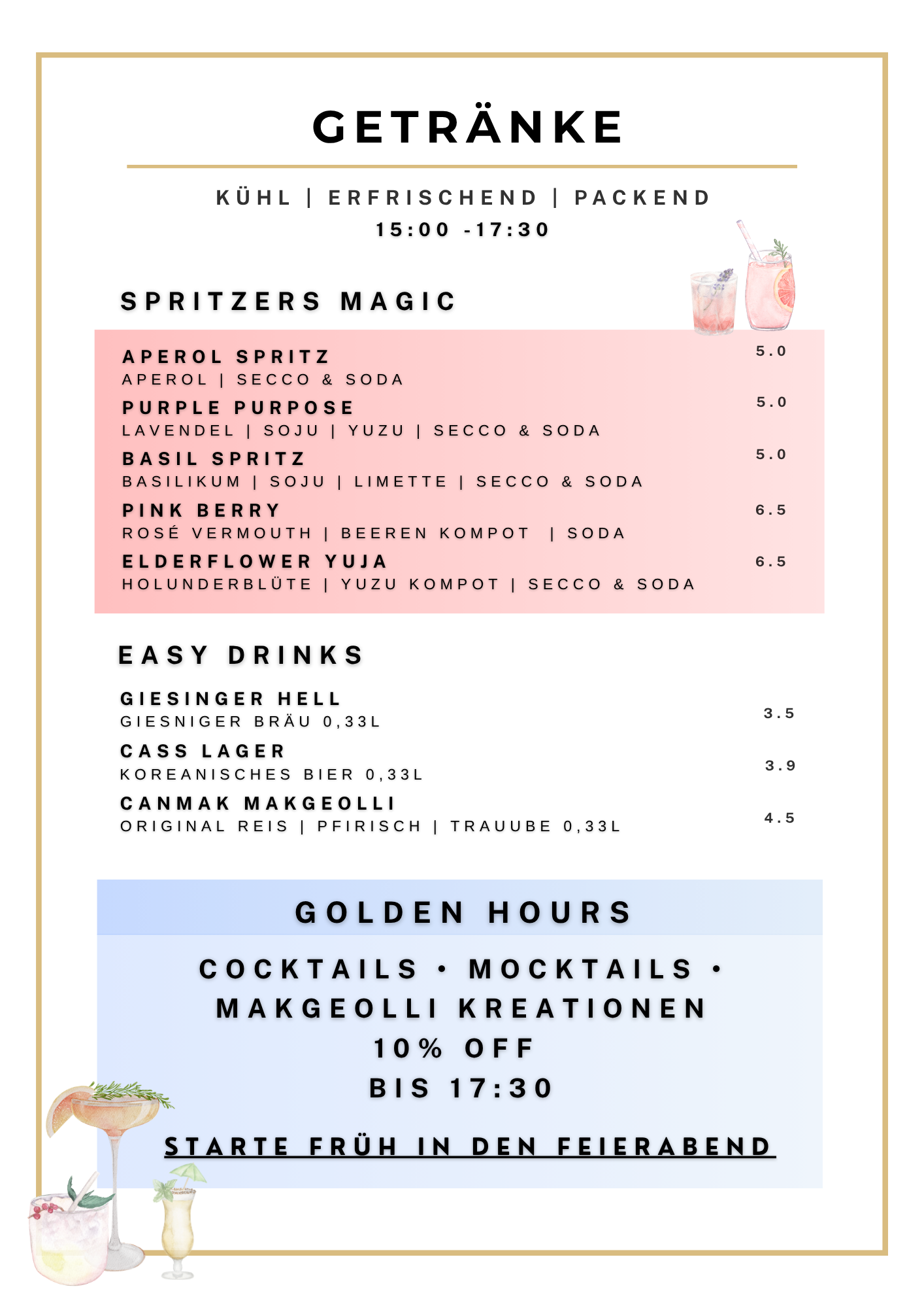Menü mit Getränken, darunter Spritzers und Easy Drinks, Preisliste, farblich gegliederte Abschnitte, dekorative Illustration mit Getränken und Früchten