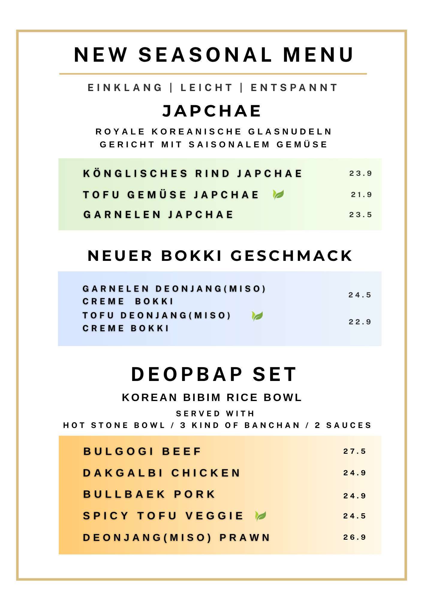 Menü mit koreanischen Gerichten, darunter Japchae, Bokin mit Rindfleisch, Garnelen, und verschiedene Petti-Gerichte wie bulgogi, Hühnchen, Schweinefleisch, würziger Tofu und Meeresfrüchte.
