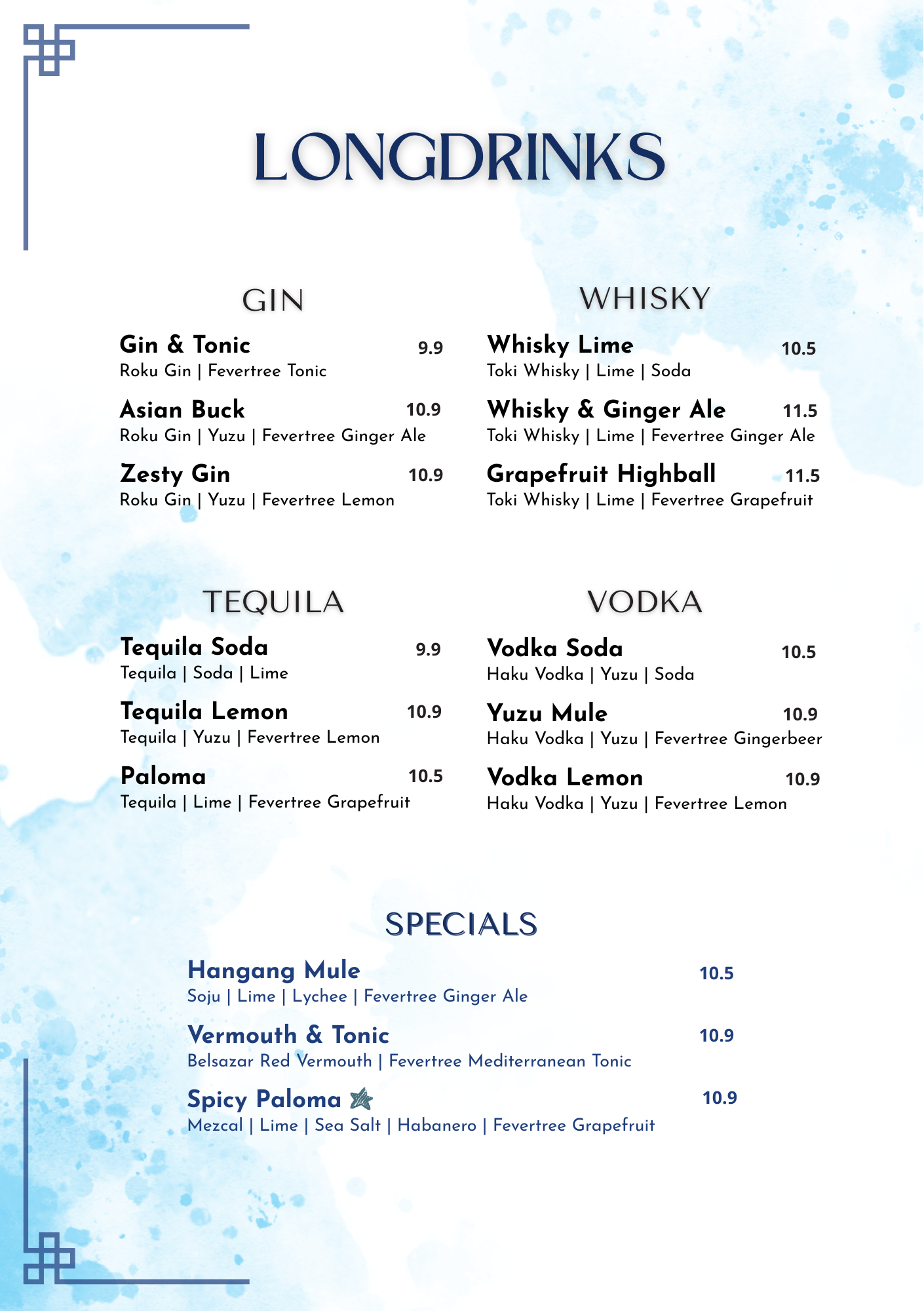 Getränkekarte mit Auswahl an Longdrinks, Tequila, Wodka und Spezialitäten, wie Gin & Tonic, Whisky Lime, Tequila Soda, Vodka Lemon, und Spicy Paloma.