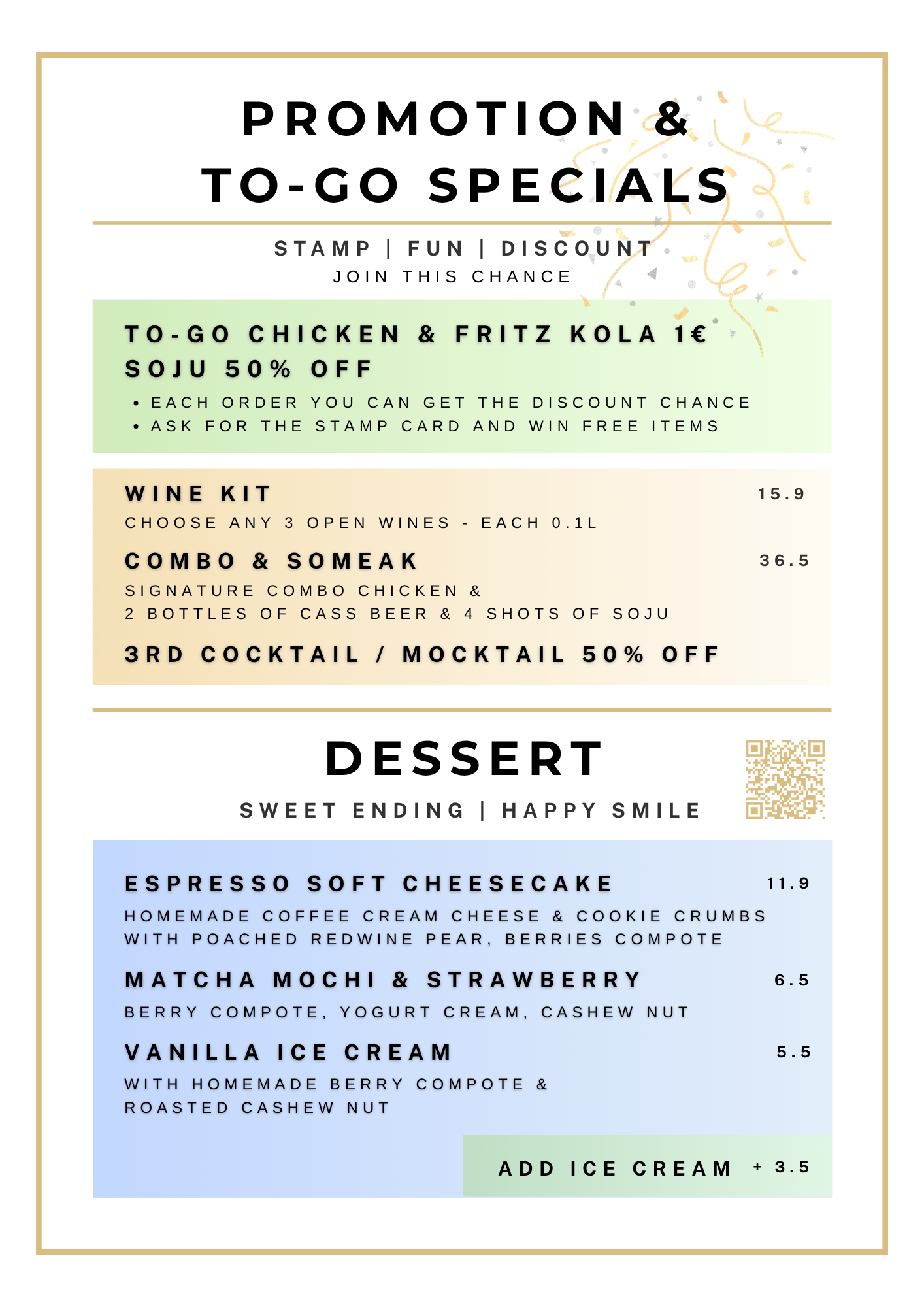 Werbeplakat mit Angeboten für To-Go-Gerichte, Weingeschenke, alkoholische Getränke, Cocktails, Desserts und Eiscreme, mit bunten Akzenten und QR-Code