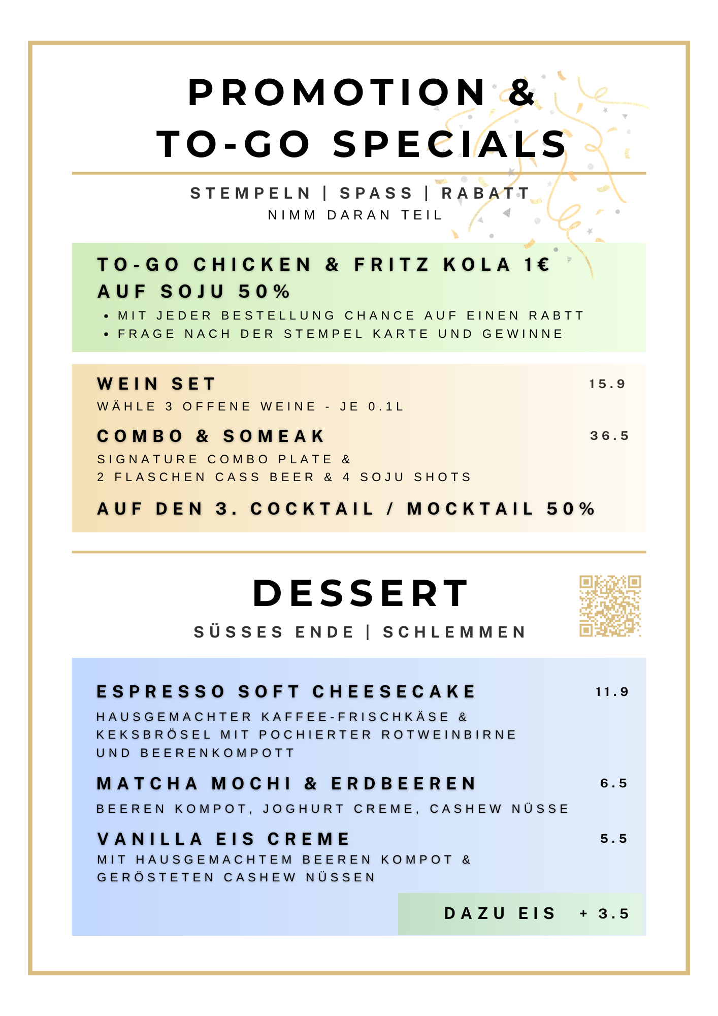 Ein Menü mit Angeboten für To-Go-Gerichte, Weinsets und Desserts. Das Menü ist farblich in Pastelltönen gestaltet und enthält Text in verschiedenen Abschnitten mit Preise in Euro.