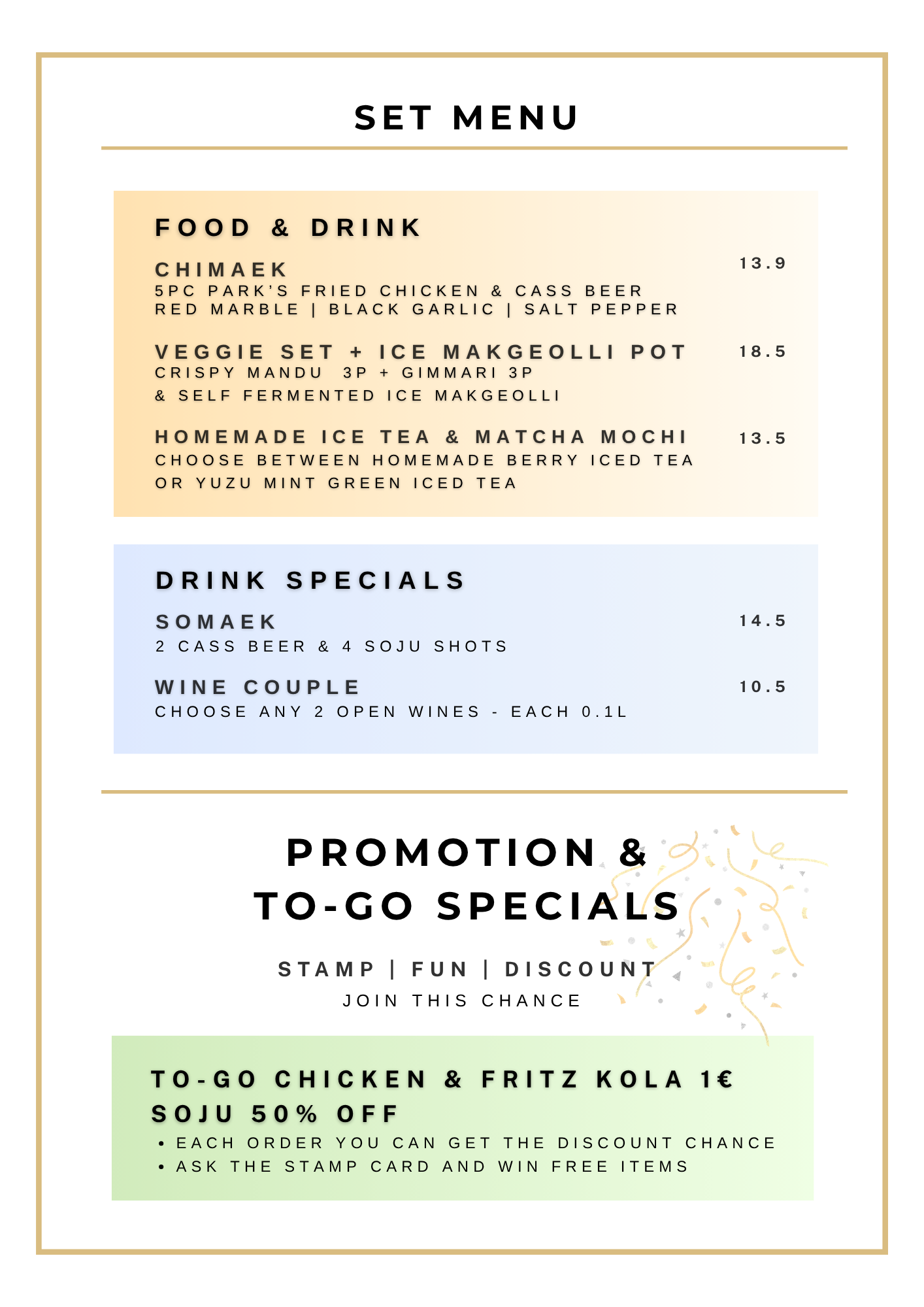 Speisekarte mit Getränken und Gerichten, darunter ein Set Menü mit Chicken, Veggie-Set, hausgemachtem Eistee und Matcha-Mochi. Spezialangebote für To-Go mit Rabatt auf Chicken und Fritz Cola.