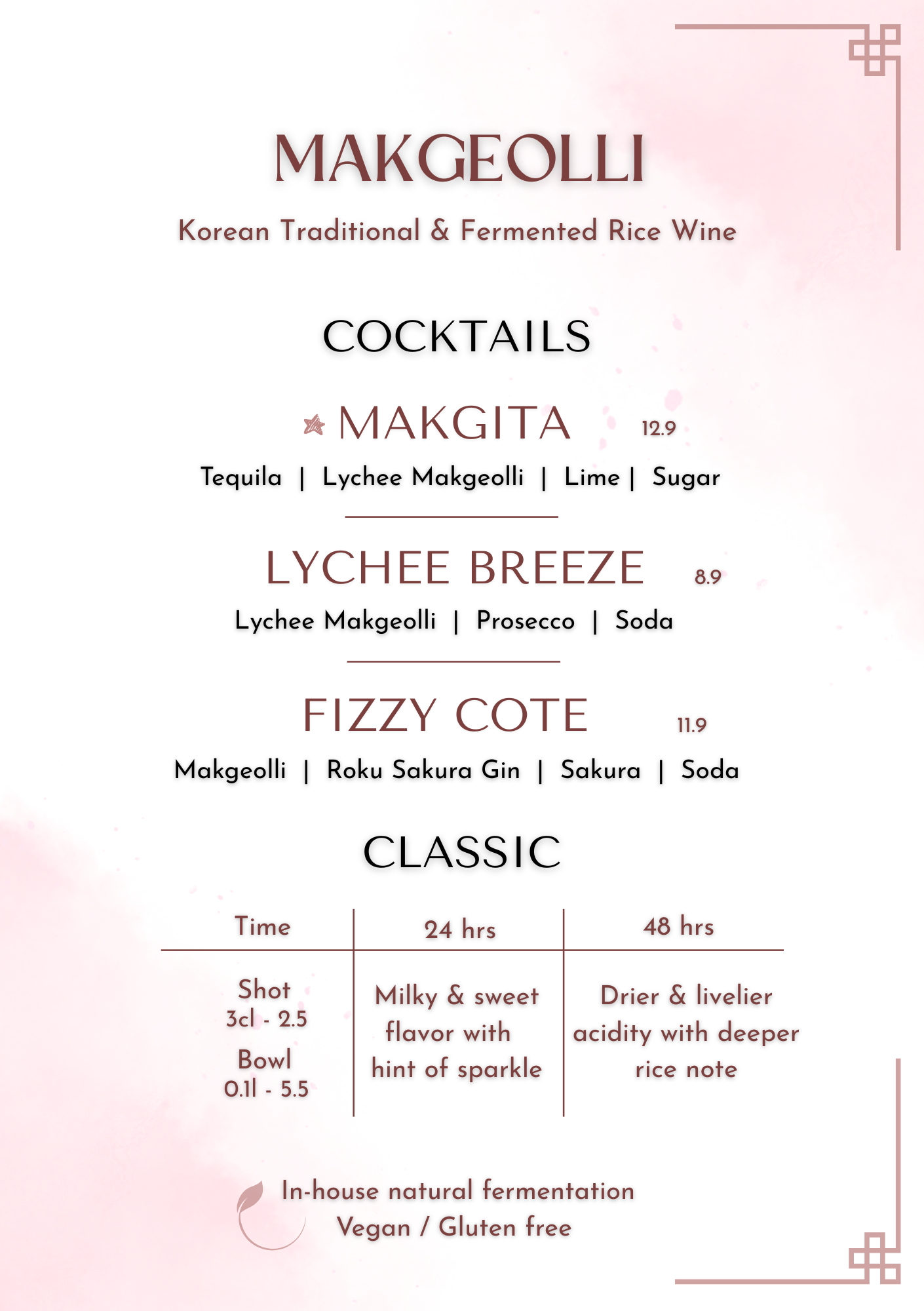 Speisekarte für koreanischen fermentierten Reiswein mit Cocktail-Optionen und Beschreibungen.