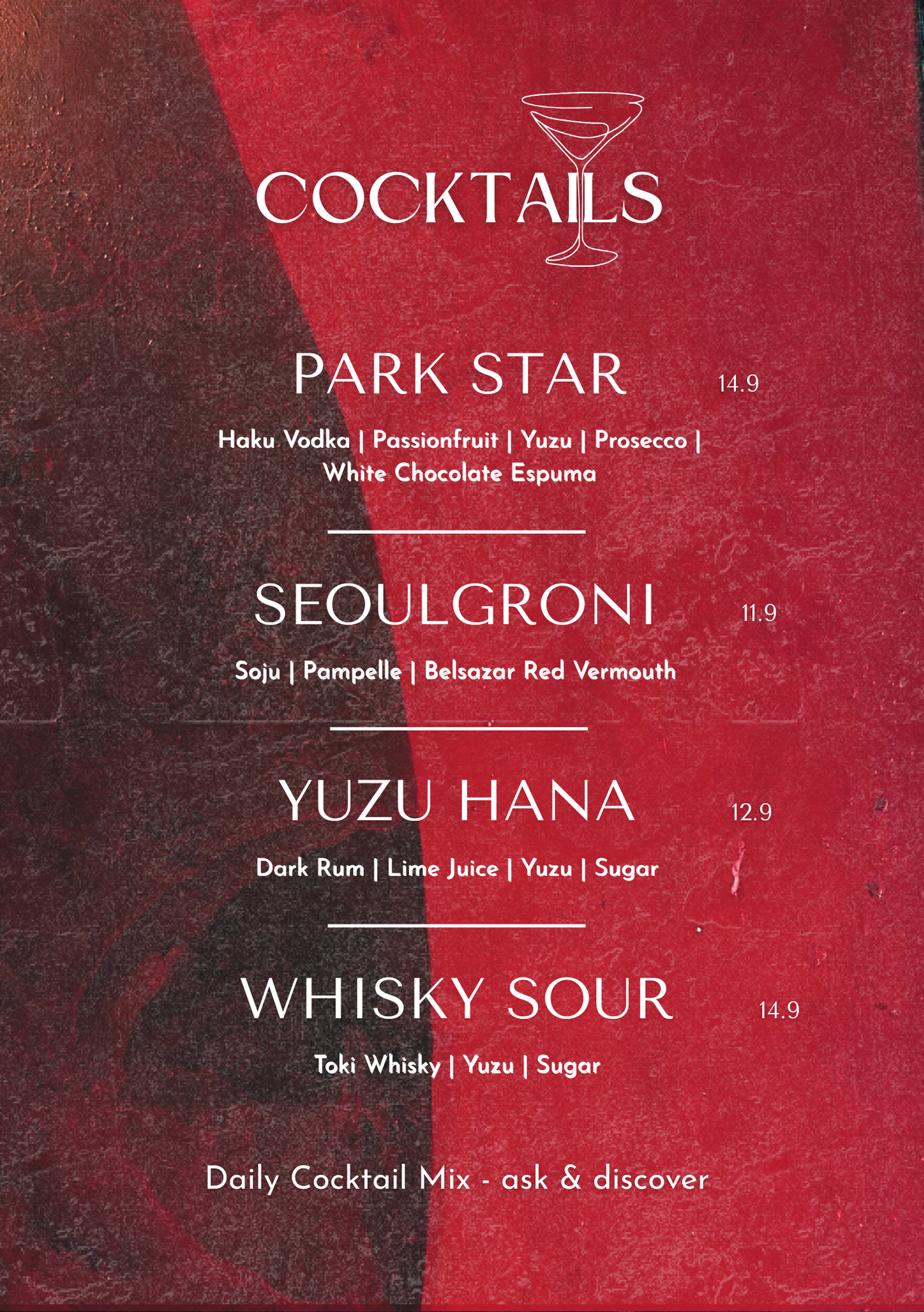 Getränkekarte mit Cocktailnamen auf rotem und schwarzem Hintergrund, inklusive Preise und Inhaltsstoffe.