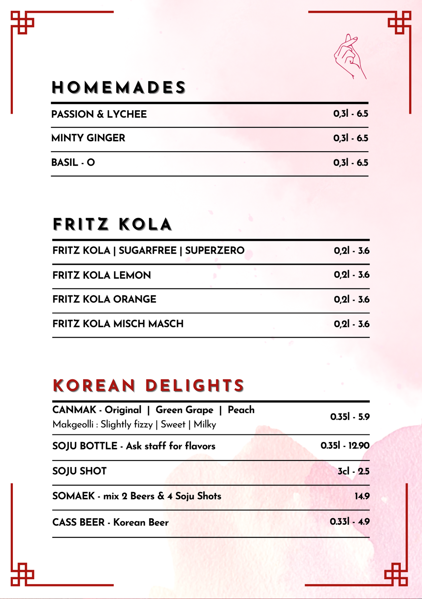 Speisekarte mit Kategorien für hausgemachte Getränke, Fritz Kola Sorten und koreanische Spezialitäten. Enthält Spirituosen, Softdrinks und koreanische alkoholische Getränke.