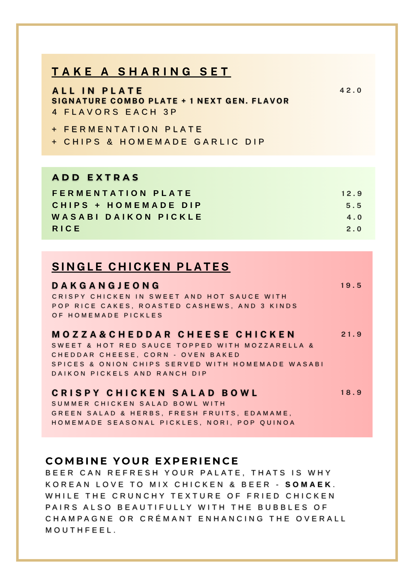 Menü mit verschiedenen koreanischen Gerichten, darunter Chicken Plates, Chicken Salat Schüssel, mit Preisen, auf hellem Hintergrund