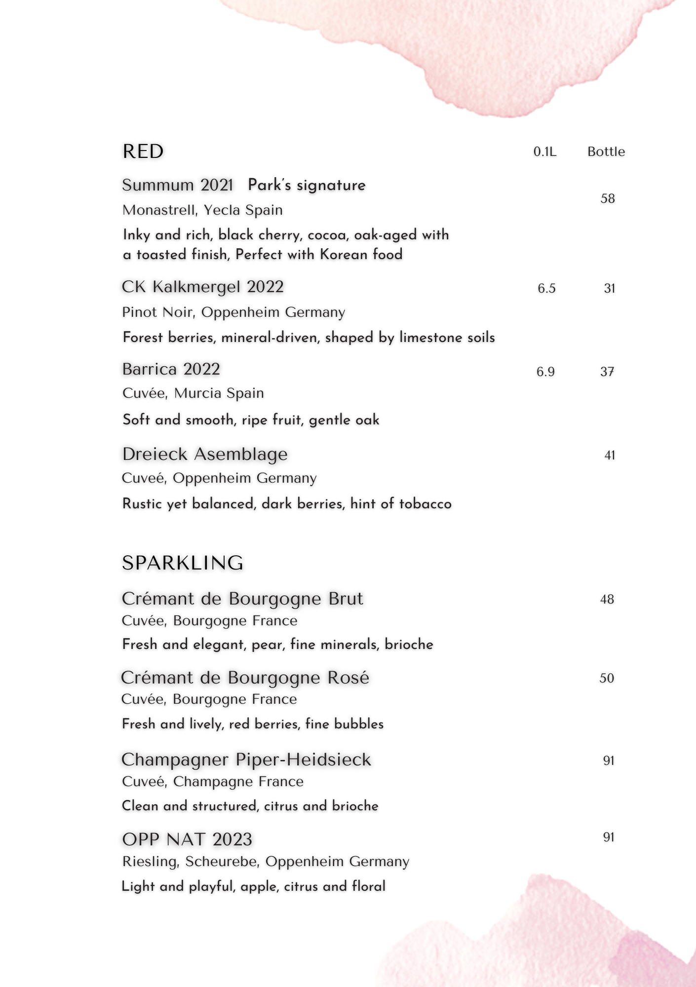 Weinverkostungsmenü mit Rot-, Sekt- und Schaumweinen, inklusive Beschreibungen und Preisen.