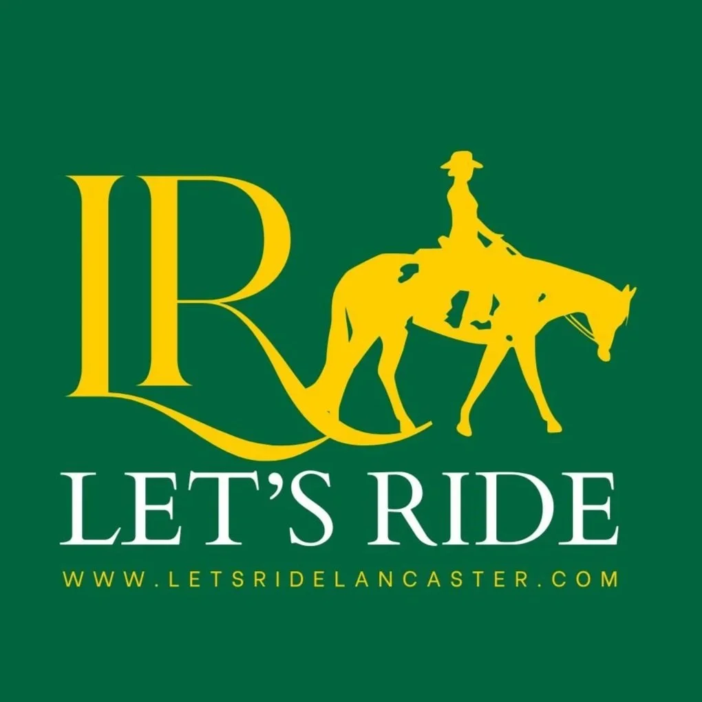 Green background with large yellow 'R' and a silhouette of a person riding a horse. Text says 'Let's Ride' and a website URL 'www.letsridelancaster.com'.